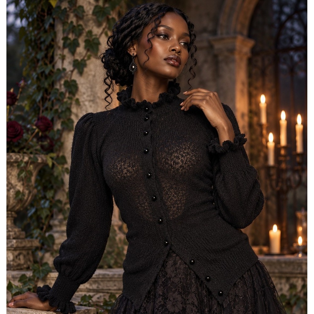 Vintage Jacobsons Black Ruffle Collar Knit Cardigan Victorian Gothic Size M